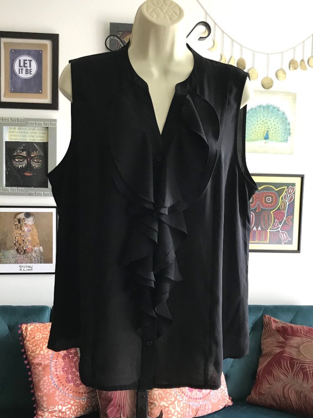 CATO size XL Black Sleeveless Georgette Button Front Ruffle Poets Blouse Top NWT
